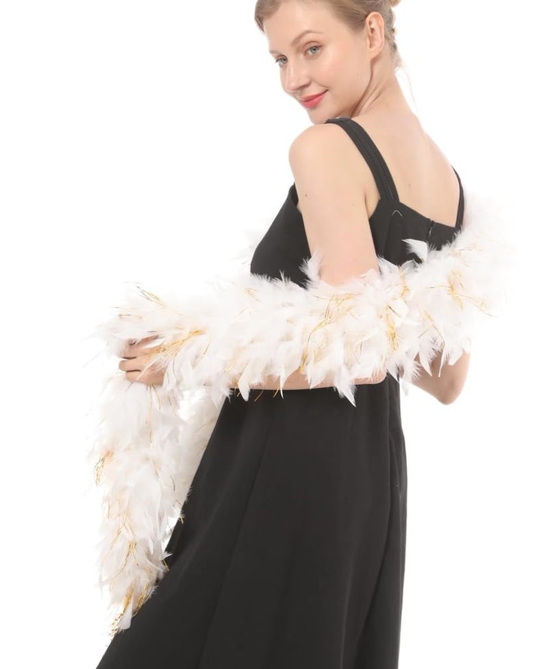 Flydreamfeathers 80 Gram, 2 yards Long Turkey Chandelle Feather Boa, Great for Party, Wedding, Halloween Costume, Christmas Tree Decoration (white w/gold tinsel color) - Image 4